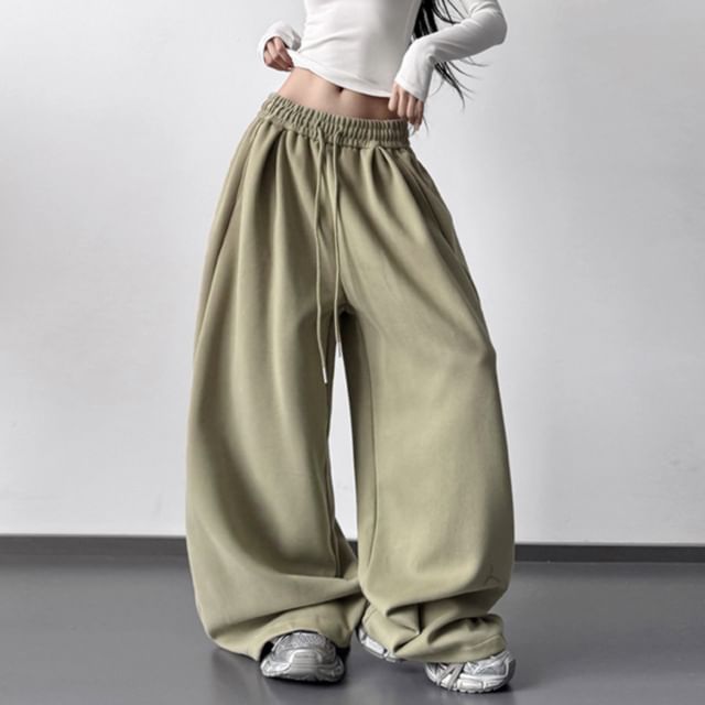Superduper-Drawstring Waist Plain Barrel Leg Baggy Sweatpants