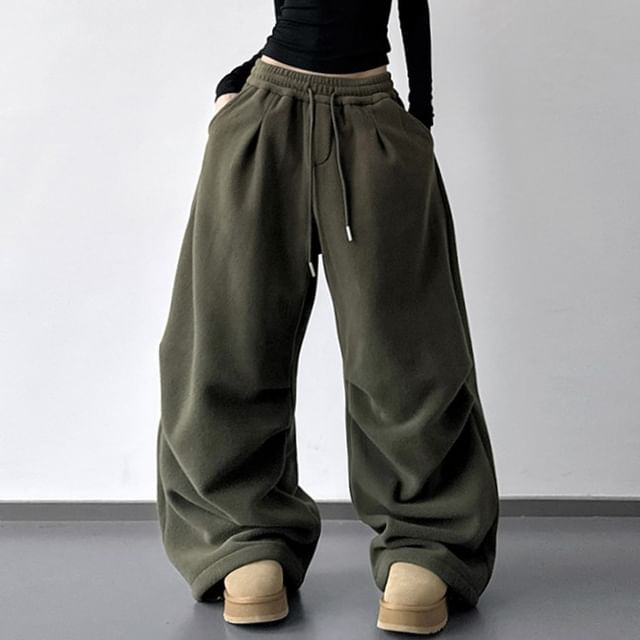Superduper-Drawstring Waist Plain Barrel Leg Baggy Sweatpants