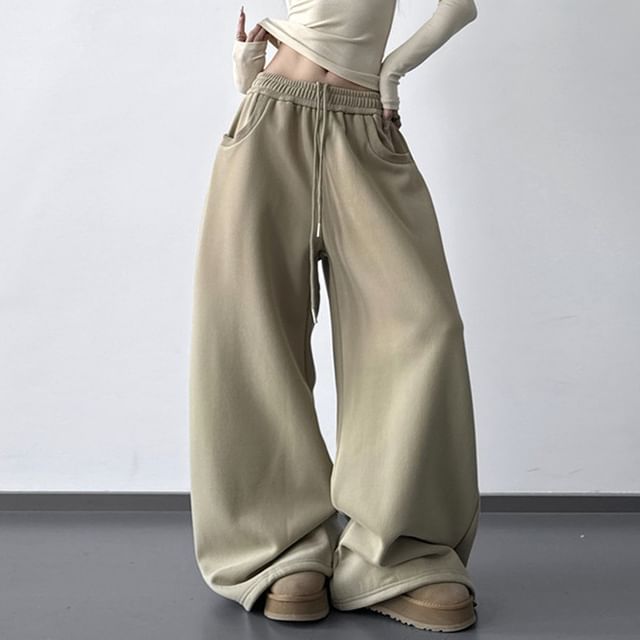 Superduper-Drawstring Waist Plain Barrel Leg Baggy Sweatpants