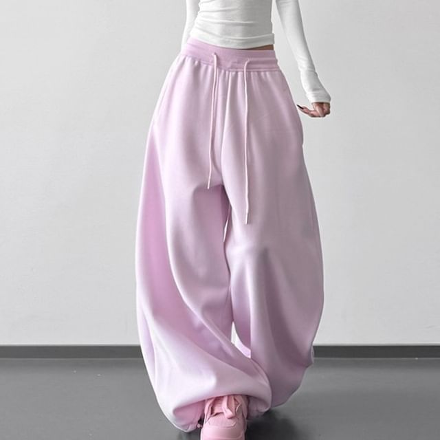 Superduper-Drawstring Waist Plain Barrel Leg Baggy Sweatpants