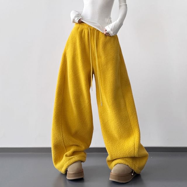 Superduper-Drawstring Waist Plain Fleece Baggy Sweatpants