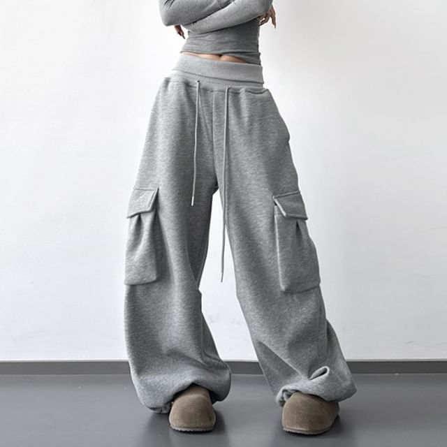 Superduper-Drawstring Waist Plain Fleece-Lined Baggy Cargo Sweatpants