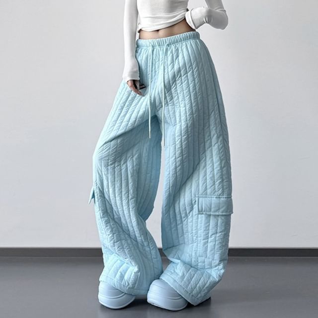 Superduper-Drawstring Waist Plain Padded Baggy Cargo Pants