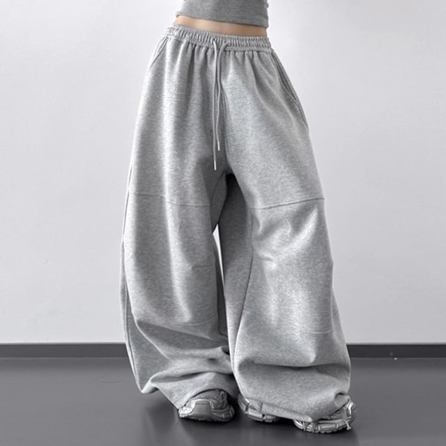 Superduper-Drawstring Waist Plain Panel Baggy Sweatpants