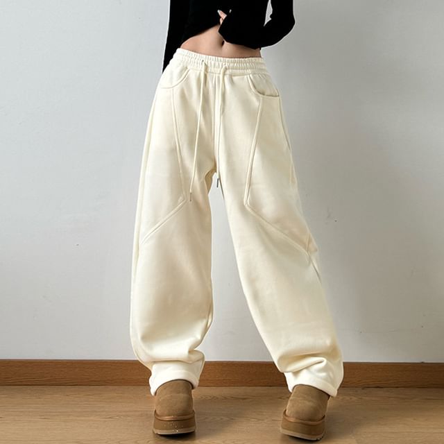 Superduper-Drawstring Waist Plain Panel Fleece-Lined Baggy Sweatpants