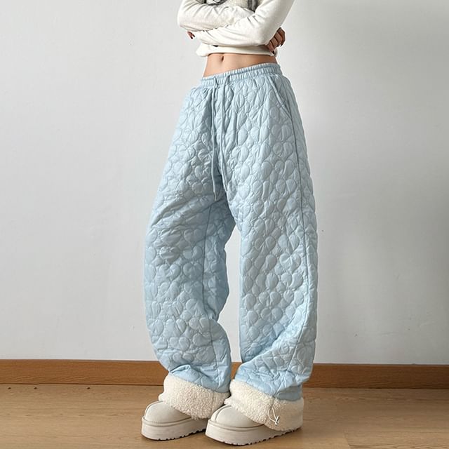 Superduper-Drawstring Waist Plain Quilted Panel Fleece Baggy Pants