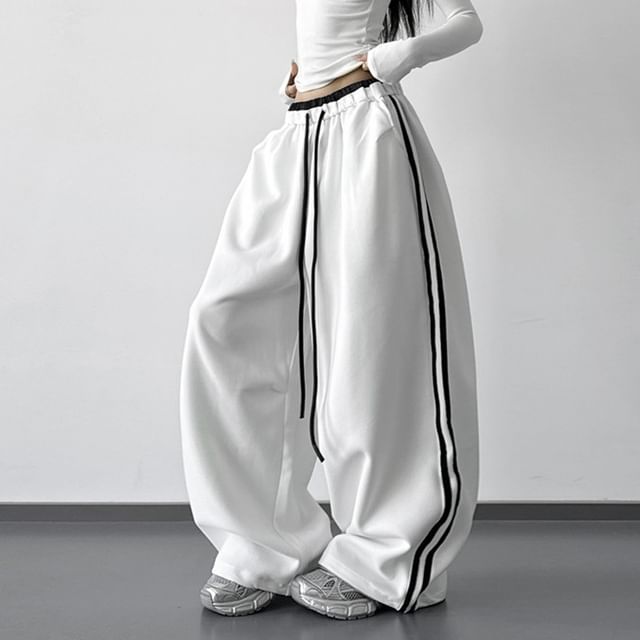 Superduper-Drawstring Waist Striped Panel Baggy Sweatpants