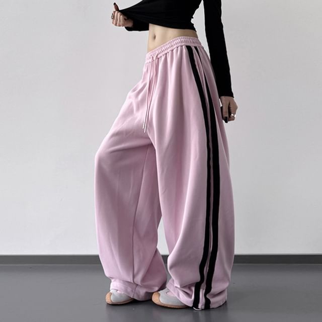 Superduper-Drawstring Waist Striped Trim Wide Leg Sweatpants Various Designs