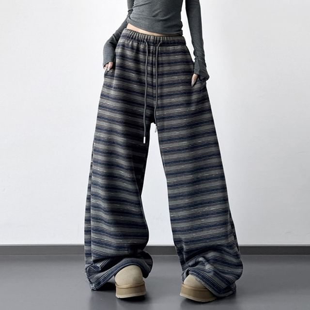 Superduper-Drawstring Waist Striped Wide Leg Pants