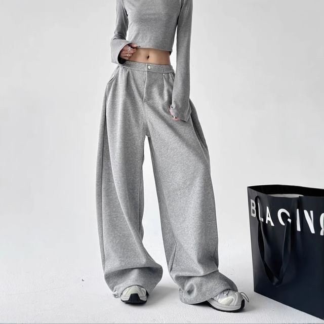 Superduper-Elastic Waist Plain Baggy Sweatpants