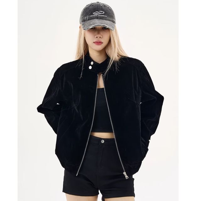 Superduper-Faux Suede Stand Collar Zip-Up Jacket