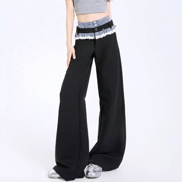 Superduper-High Rise Gingham Panel Button Fly Baggy Pants