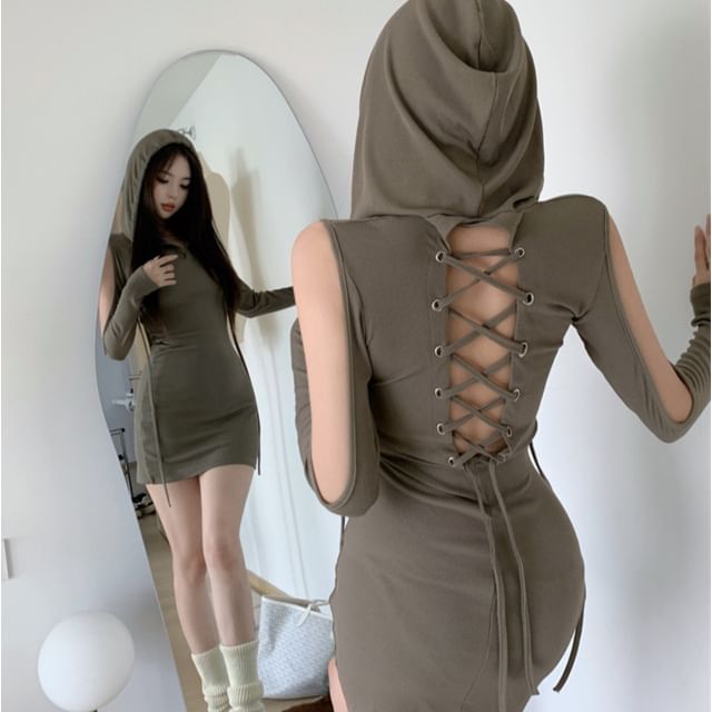 Superduper - Long-Sleeve Hooded Plain Lace Up Mini Bodycon Dress | YesStyle