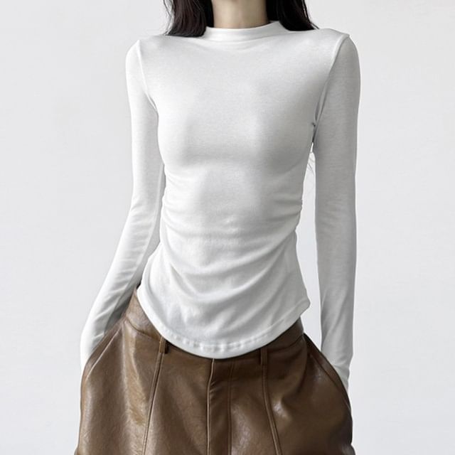 Superduper-Long-Sleeve Mock Neck Plain Ruched Slim Fit Crop Tee