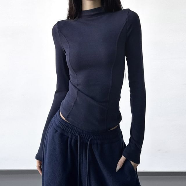 Superduper-Long Sleeve Mock Neck Plain Tee