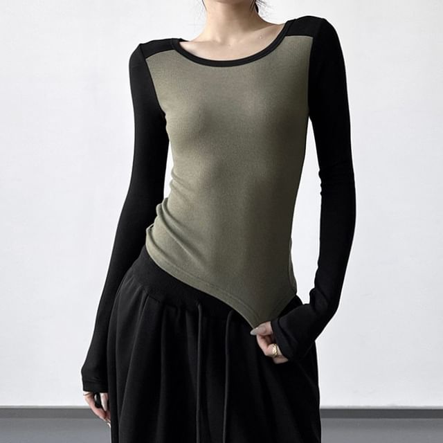 Superduper-Long Sleeve Round Neck Two Tone Raglan Tee