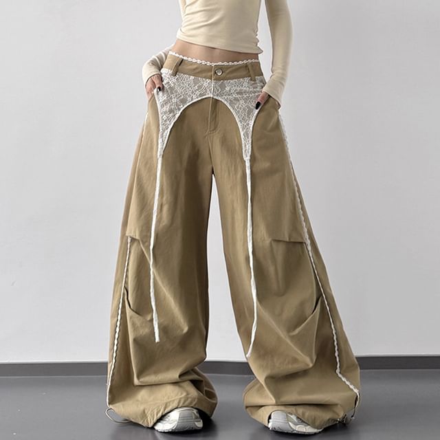 Superduper-Low Rise Panel Lace Baggy Pants
