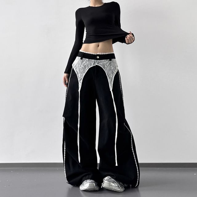 Superduper-Low Rise Panel Lace Baggy Pants