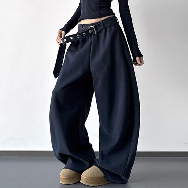 Superduper-Low Rise Plain Barrel Leg Baggy Pants