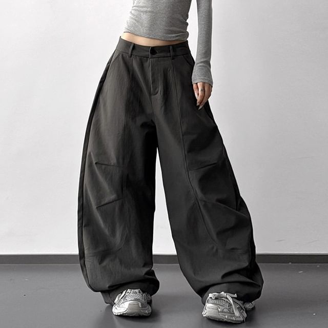 Superduper-Low Rise Plain Barrel Leg Baggy Pants