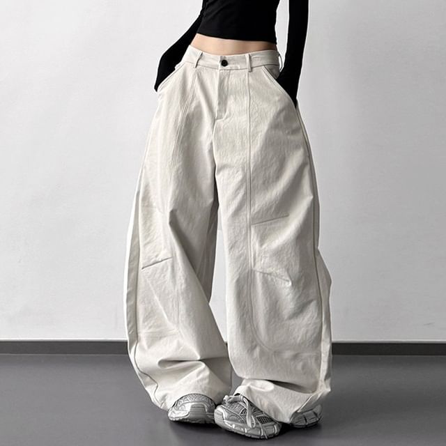 Superduper-Low Rise Plain Barrel Leg Baggy Pants