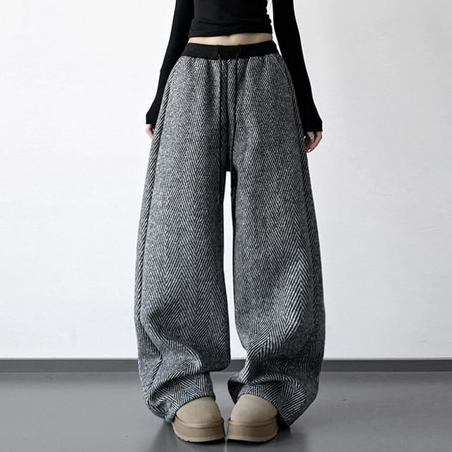 Superduper-Mid High Waist Herringbone Baggy Pants
