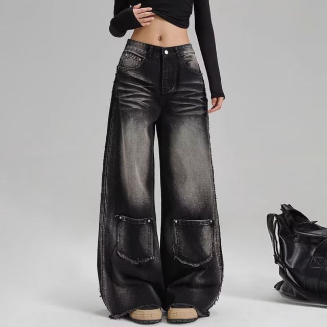 Superduper-Mid Rise Patchwork Frayed Washed Wide Leg Jeans