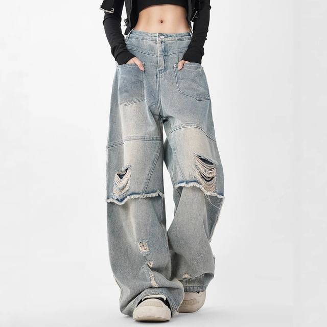 Superduper-Mid Rise Washed Ripped Wide Leg Jeans