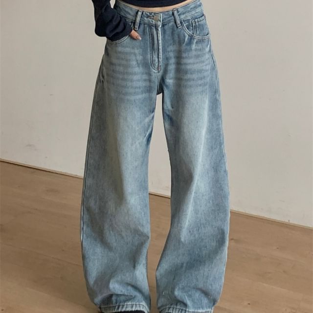 Superduper-Mid Waist Washed Baggy Jeans
