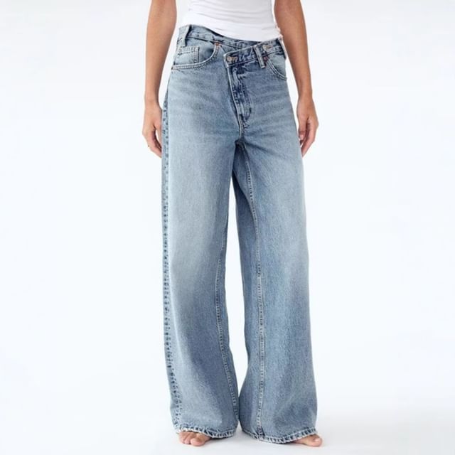 Superduper-Mid Waist Washed Wide Leg Jeans
