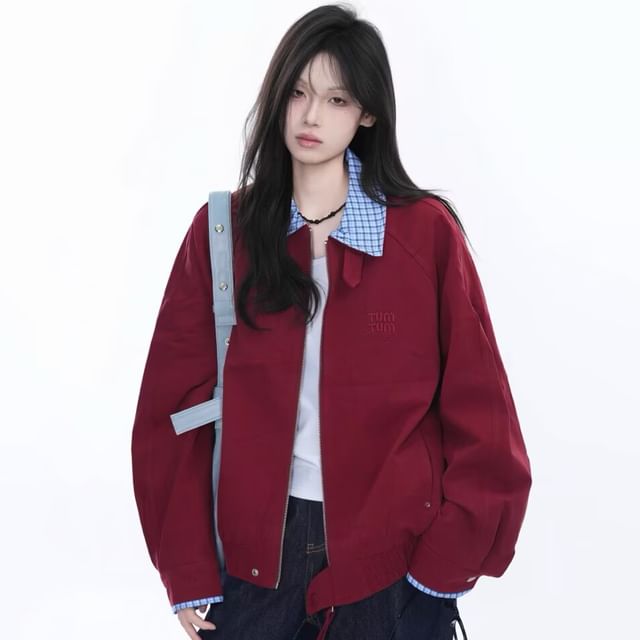 Superduper-Mock Two-Piece Plaid Collar Zip-Up Jacket