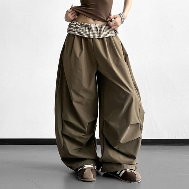 Superduper-Plaid Panel High Waist Wide Leg Pants
