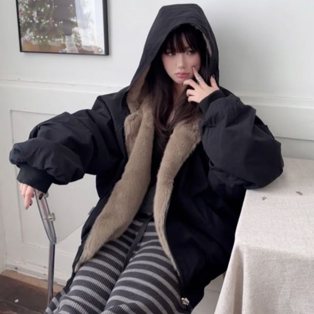 Superduper-Plain Hood Fleece-Lined Zip Puffer Jacket