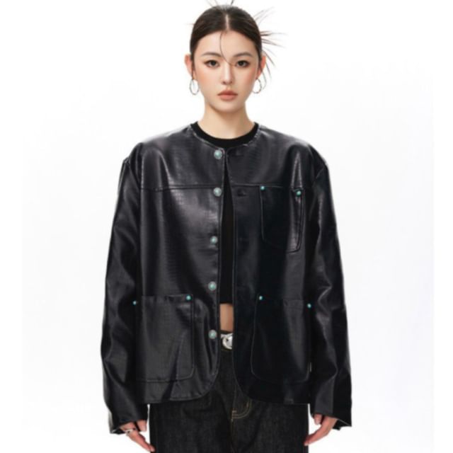 Superduper-Round Neck Plain Crocodile Grain Faux Leather Button Jacket