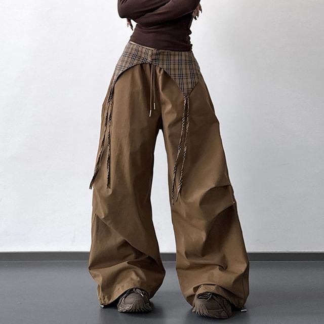 Superduper-Set Drawstring Waist Plain Baggy Cargo Pants Plaid Decorative Hem