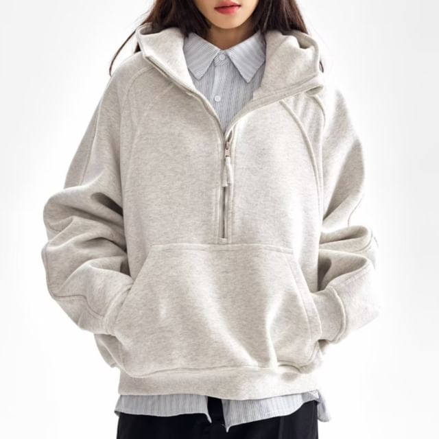 Superduper-Stand Collar Plain Raglan Half Zip Hoodie