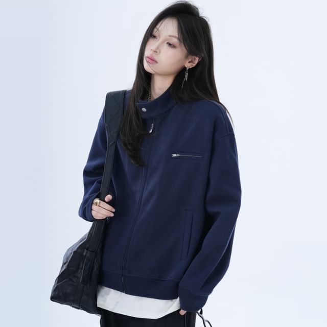Superduper-Stand Collar Plain Zip Jacket