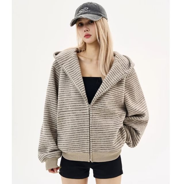Superduper-Striped Hooded Zip-Up Cardigan