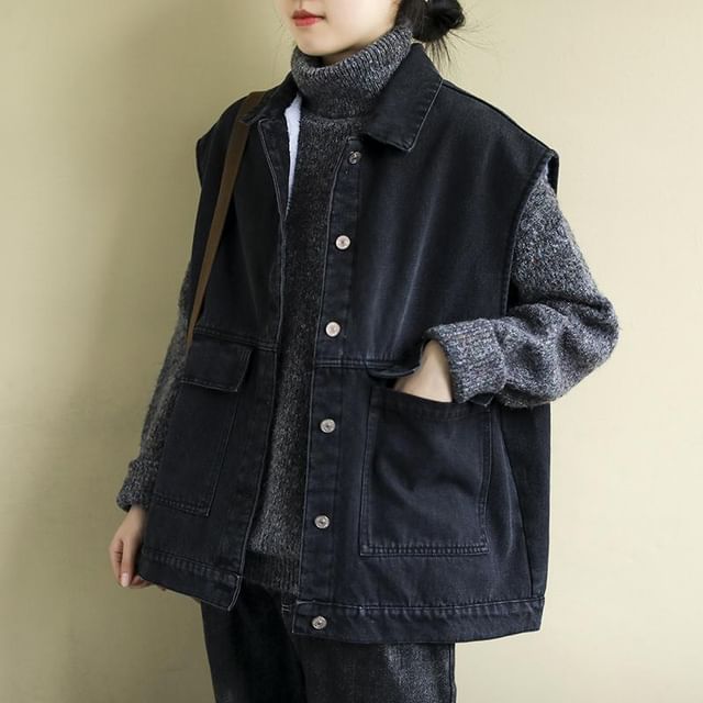 Supernova-Collared Washed Denim Button Up Vest