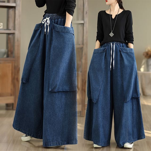 Supernova-Drawstring Waist Washed Wide Leg Cargo Jeans