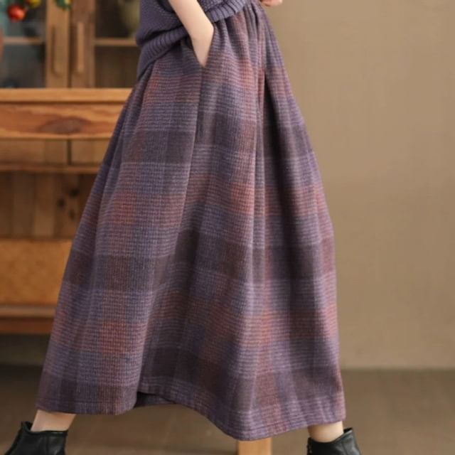 Supernova-Elastic Waist Plaid Midi A-Line Skirt