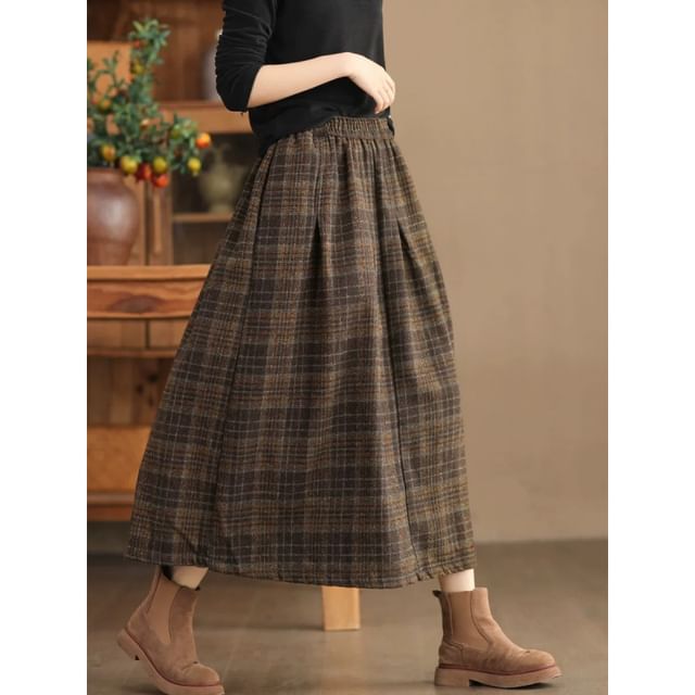 Supernova-Elastic Waist Plaid Midi A-Line Skirt