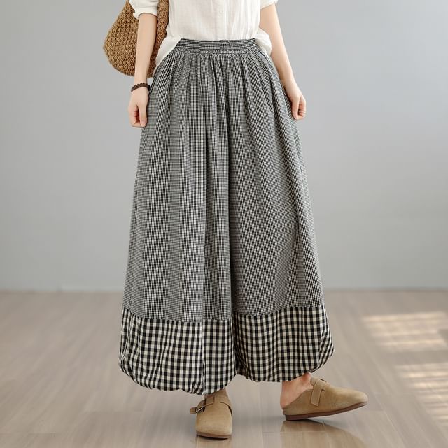 Supernova-Elastic Waist Plaid Panel Crop Baggy Pants