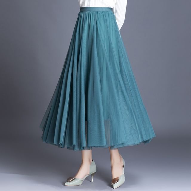 Supernova-Elastic Waist Plain Mesh Midi A-Line Skirt