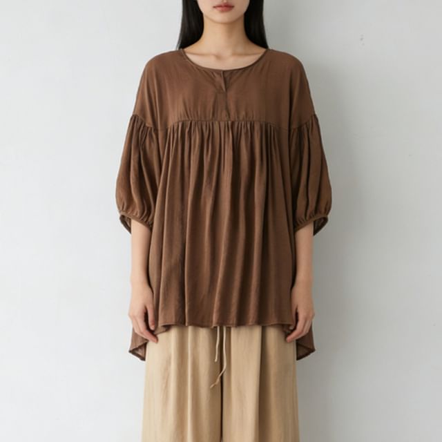 Supernova-Elbow Sleeve Open Placket Plain Gathered Blouse