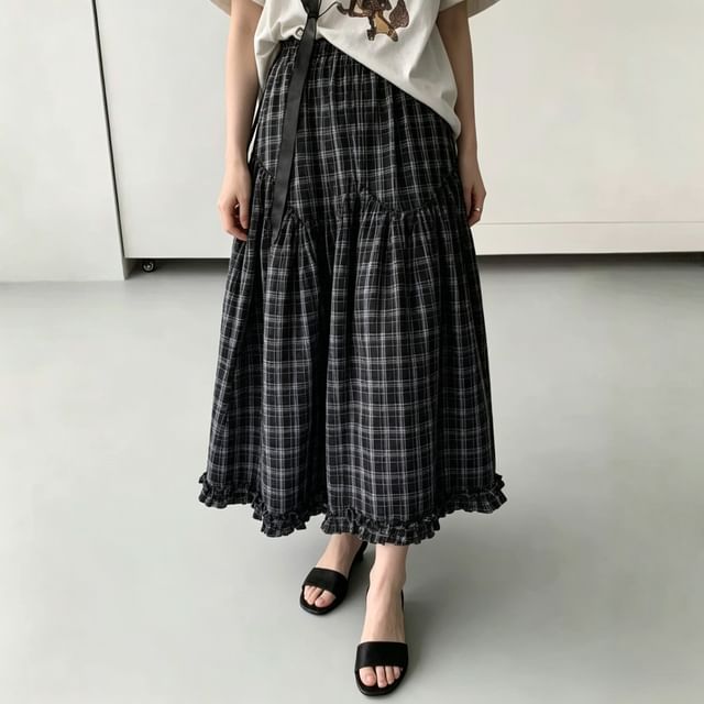 Supernova-High Waist Gingham Plaid Maxi A-Line Skirt