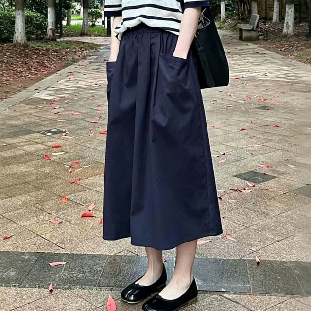 Supernova-High Waist Plain Midi A-Line Skirt