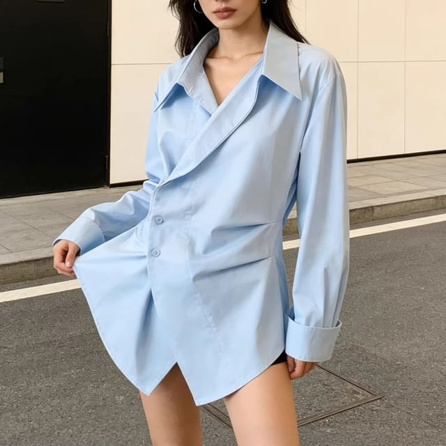 Supernova-Long-Sleeve Asymmetrical Wrapped Plain Shirt