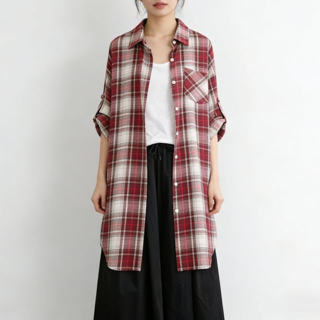 Supernova-Long Sleeve Collared Plaid Long Shirt