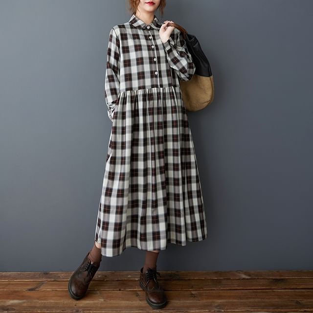Supernova-Long Sleeve Collared Plaid Midi A-Line Dress